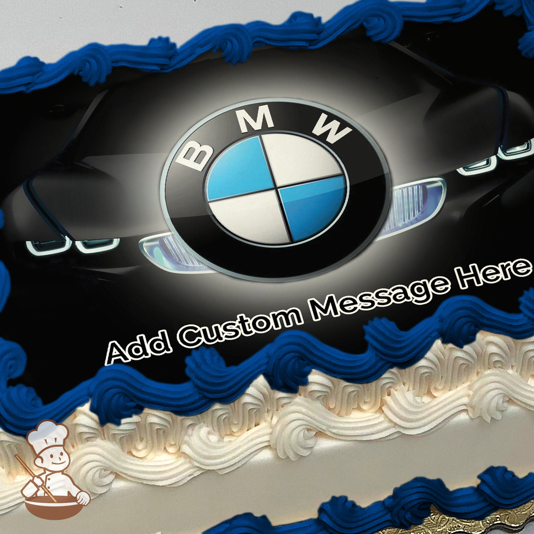 BMW car logo printed on extra cake layer and decorated on sheet cake.