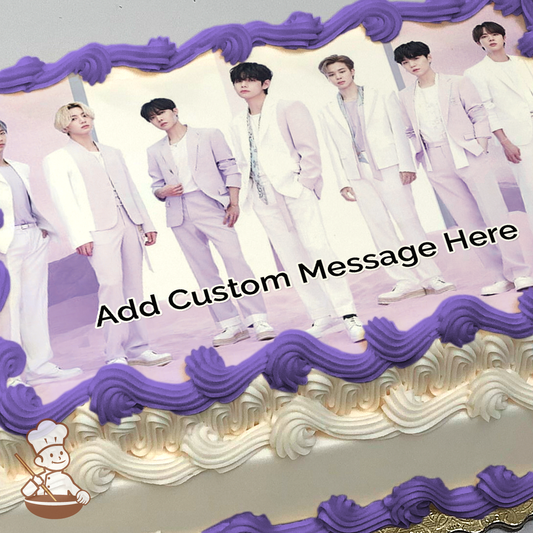 BTS pop band printed on extra cake layer and decorated on sheet cake.