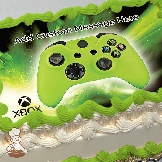 Xbox controller printed on extra cake layer and decorated on sheet cake.