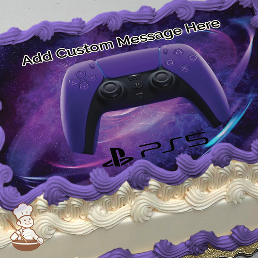 PS5 controller printed on extra cake layer and decorated on sheet cake.