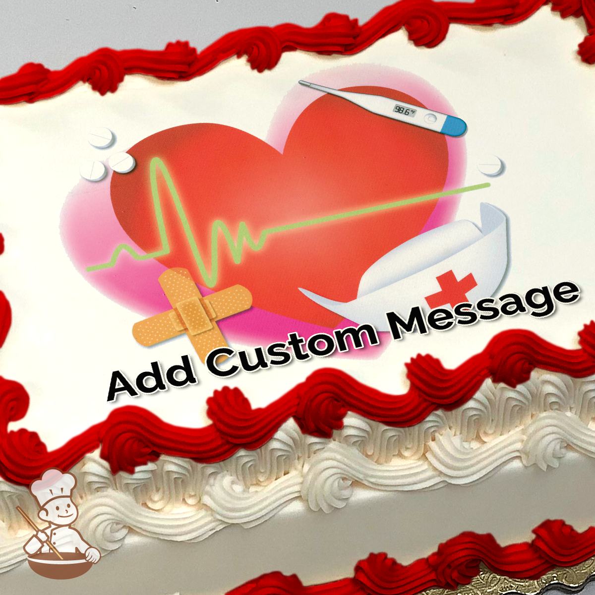 Illustration of a red heart with a green EKG line, a thermometer, pills, and a bandage, symbolizing healthcare, printed on a sheet cake.