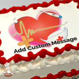 Illustration of a red heart with a green EKG line, a thermometer, pills, and a bandage, symbolizing healthcare, printed on a sheet cake.