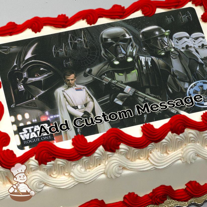 Illustration of Darth Vader, Death Troopers, and Stormtroopers from Star Wars, set against a space-themed backdrop, printed on a sheet cake.
