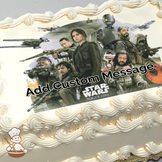Illustration of "Star Wars: Rogue One" characters, including Jyn Erso, Cassian Andor, and K-2SO, with more rebels, printed on a sheet cake.