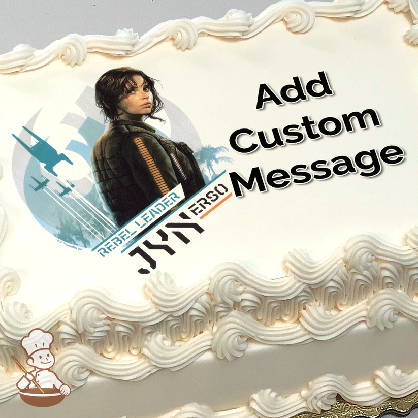 Illustration of Jyn Erso with a futuristic cityscape and the text "Rebel" and "Jyn Erso" printed on a sheet cake.