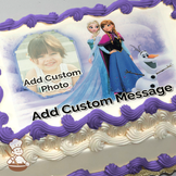 Elsa and Anna with Olaf in a snowy landscape, printed on a sheet cake.