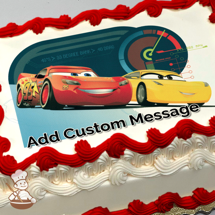 Lightning McQueen and Cruz Ramirez from Cars, smiling on a racetrack-themed background, printed on a sheet cake.