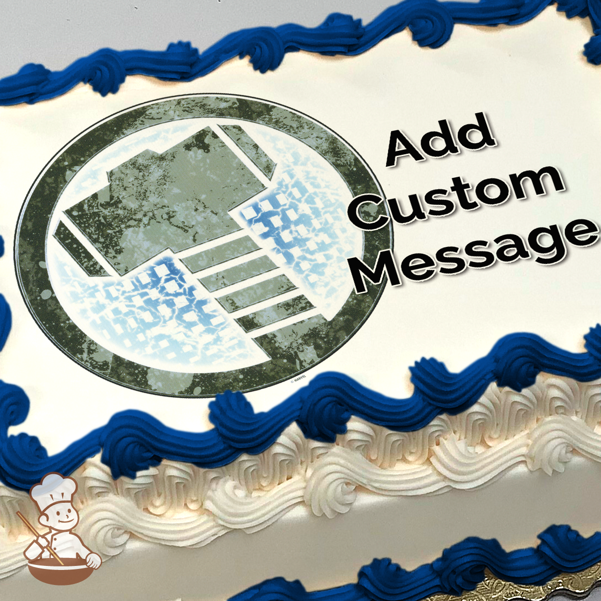Thor's iconic hammer Mjolnir emblem with a weathered texture on a sheet cake.