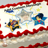 Batgirl and Wonder Woman in action poses, with comic-style bursts and clouds in the background, printed on a sheet cake.