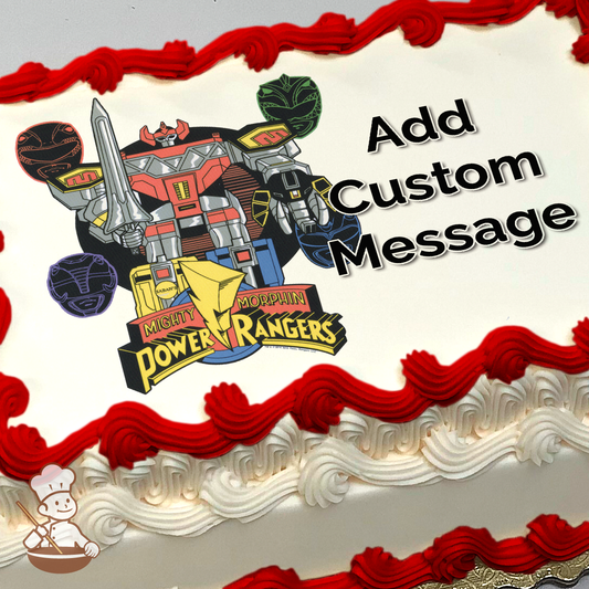 Illustration of the Mighty Morphin Power Rangers' Megazord with weapons on a grey background, printed on a sheet cake.