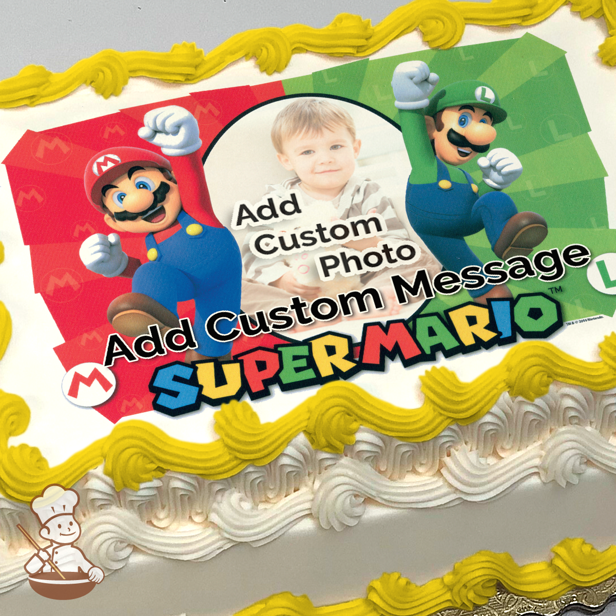 Illustration of Mario and Luigi from Super Mario, with a placeholder for a custom photo, on a sheet cake.