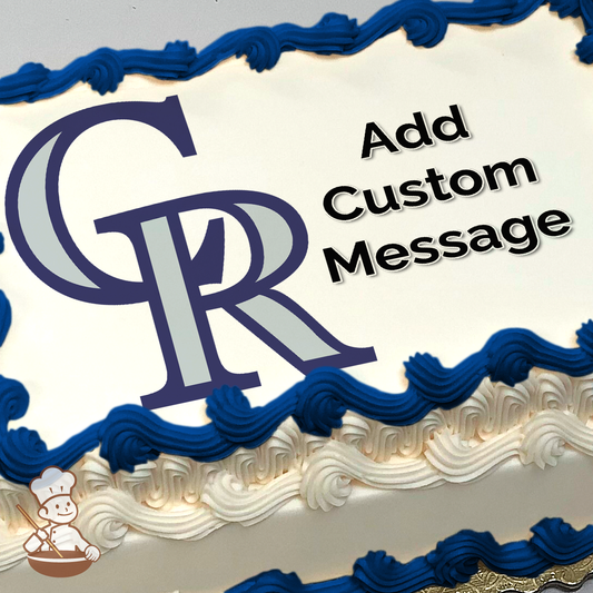 Colorado Rockies logo with purple and silver colors on a photo sheet cake.