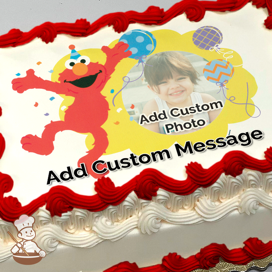 Elmo from Sesame Street with colorful confetti, balloons, and a placeholder for a custom photo, printed on a sheet cake.