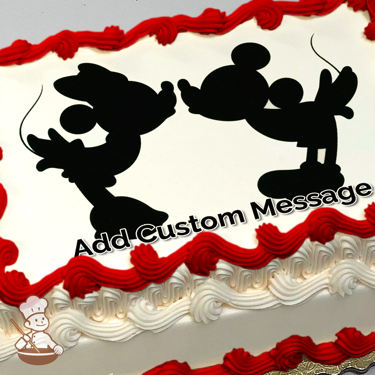 Silhouettes of Mickey kissing Minnie's hand with a red and white border on a sheet cake.