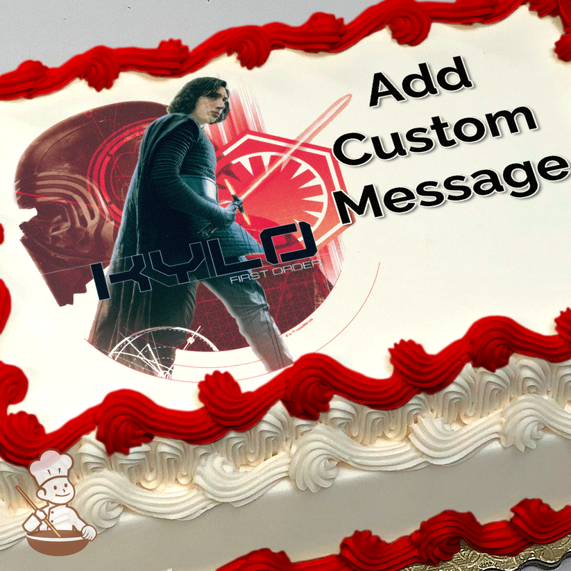 Illustration of Kylo Ren with a lightsaber on a red and gray First Order emblem background, printed on a sheet cake.