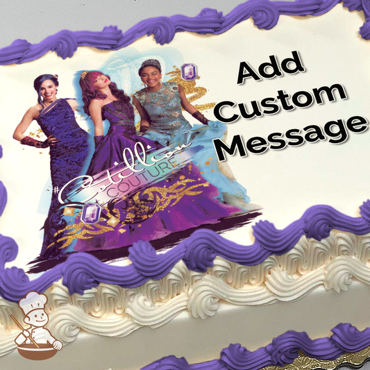 Three women in elegant dresses posing with a "Cotillion Couture" theme, printed on a sheet cake.
