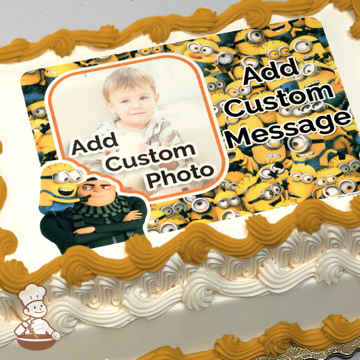 Gru and Minions with a placeholder for a custom photo, against a patterned background of more Minions, printed on a sheet cake.