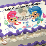Illustration of Shimmer and Shine, two animated genies, with a placeholder for a custom photo, printed on a sheet cake.