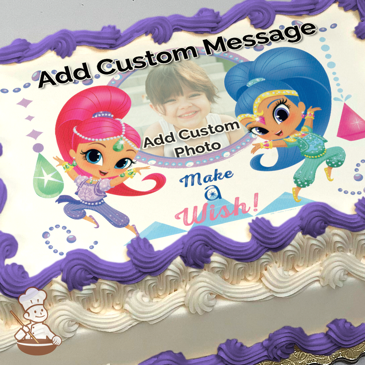 Illustration of Shimmer and Shine, two animated genies, with a placeholder for a custom photo, printed on a sheet cake.