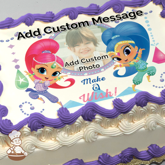 Illustration of Shimmer and Shine, two animated genies, with a placeholder for a custom photo, printed on a sheet cake.