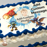 Illustration of Skylanders characters with Spyro, Eruptor, and Stealth Elf around a placeholder for a custom photo, on a printed sheet cake.