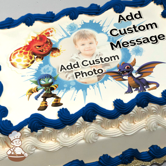 Illustration of Skylanders characters with Spyro, Eruptor, and Stealth Elf around a placeholder for a custom photo, on a printed sheet cake.