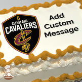 Cleveland Cavaliers logo with a sword on a shield, with text for a custom message, printed on a sheet cake.