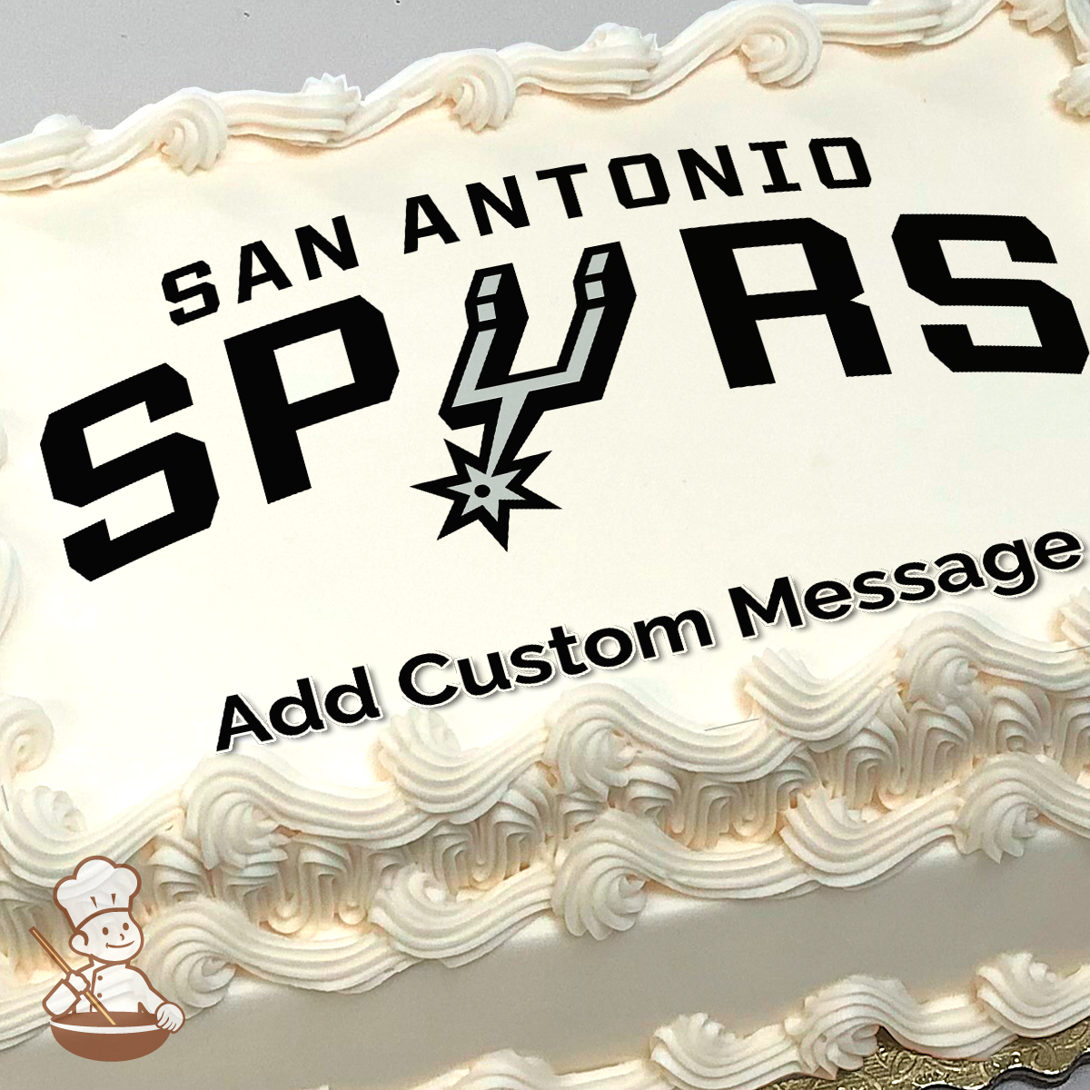 San Antonio Spurs basketball team logo with bold letters and spur graphic on a solid background, printed on a sheet cake.