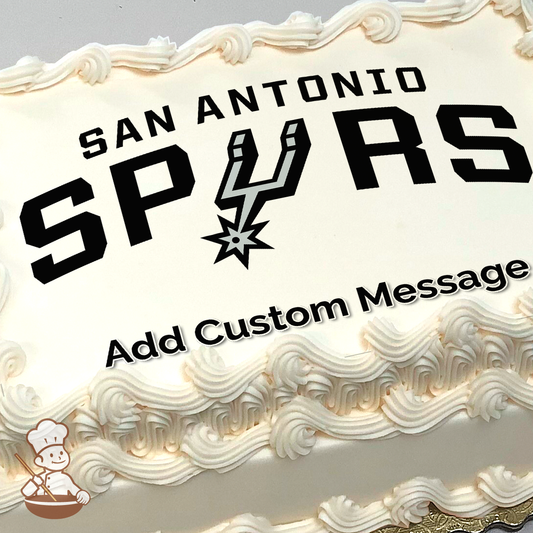San Antonio Spurs basketball team logo with bold letters and spur graphic on a solid background, printed on a sheet cake.
