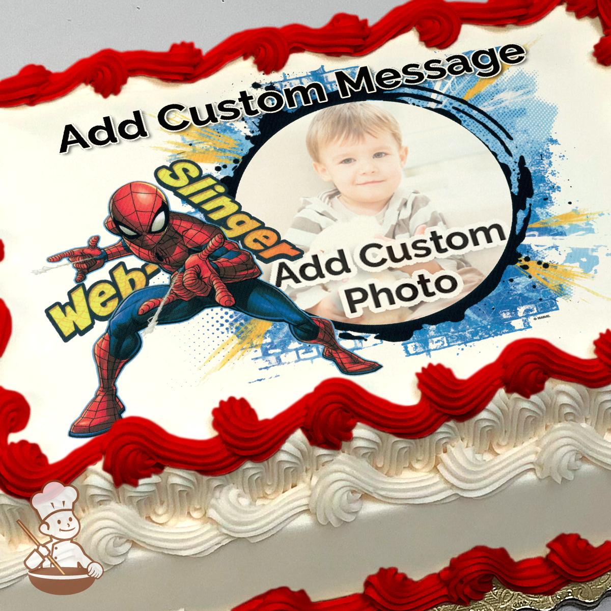 Spider-Man in action pose with web graphics, abstract blue and yellow splashes in background, image printed on a sheet cake.