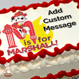 Illustration of Marshall from Paw Patrol, jumping over a 'M'-shaped fire hydrant with text "is for MARSHALL!", printed on a sheet cake.