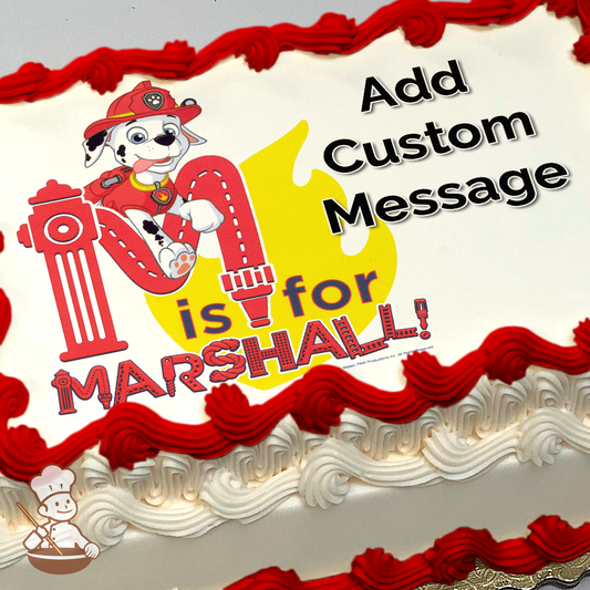 Illustration of Marshall from Paw Patrol, jumping over a 'M'-shaped fire hydrant with text "is for MARSHALL!", printed on a sheet cake.