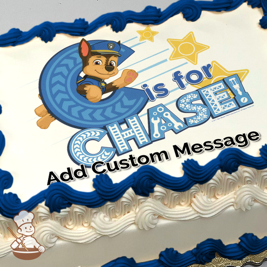 Cartoon illustration of Chase from Paw Patrol, inside a blue letter 'C' with the text "is for CHASE!", printed on a sheet cake.