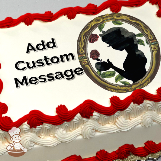 Illustration of a silhouette of Snow White and the Evil Queen in a golden oval frame with roses, on a sheet cake printed background.