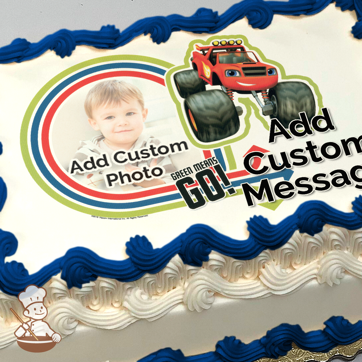 Blaze the Monster Machine racing, with colorful concentric circles and placeholder for photo, on a cake print.