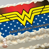 Wonder Woman logo with wings and stars on a blue background, printed on a sheet cake.