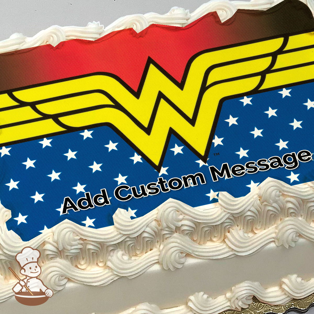 Wonder Woman logo with wings and stars on a blue background, printed on a sheet cake.