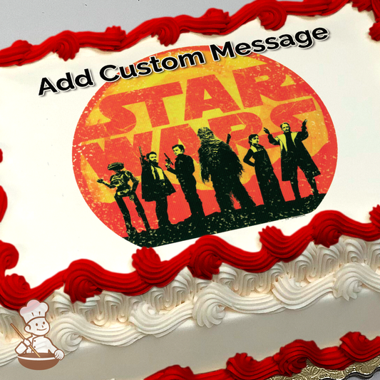 Illustration of Star Wars characters against a red and yellow backdrop, featuring Chewbacca and friends, printed on a sheet cake.