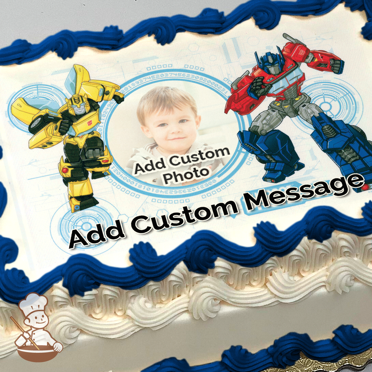 Illustration of Transformers characters Optimus Prime and Bumblebee with a placeholder for a photo, printed on a sheet cake.