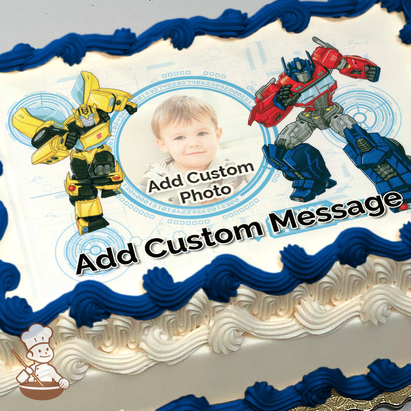 Illustration of Transformers characters Optimus Prime and Bumblebee with a placeholder for a photo, printed on a sheet cake.