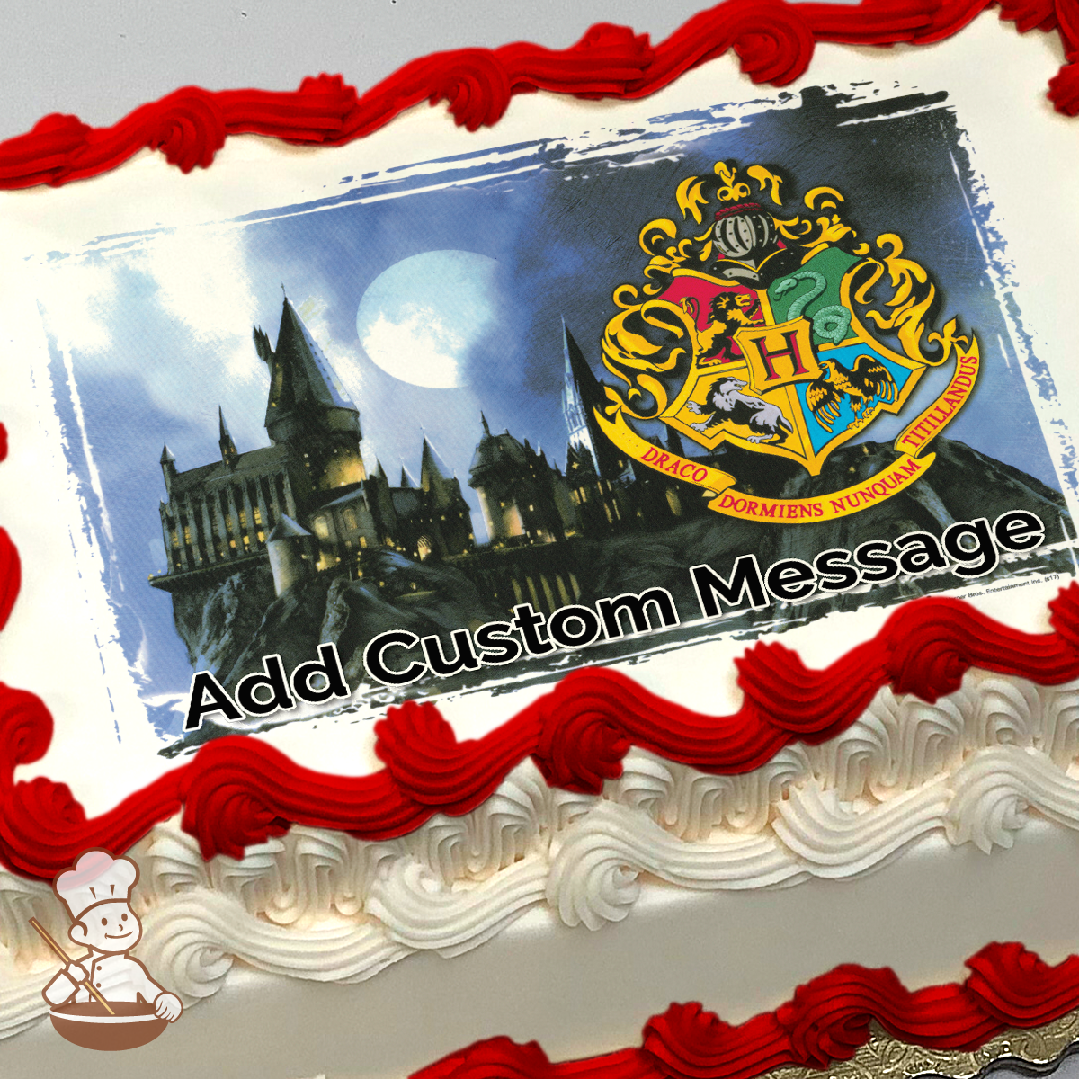 Hogwarts castle at night with full moon and crest on a photo sheet cake.