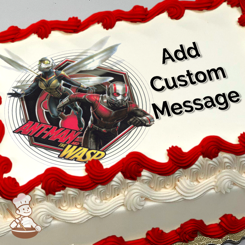 Ant-Man and he Wasp in action poses with a stylized logo, printed on a sheet cake.