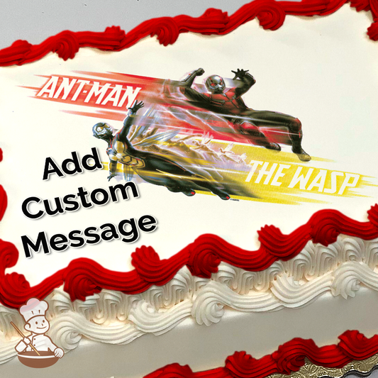 Ant-Man and The Wasp in action poses with dynamic yellow and red streaks behind them, printed on a sheet cake.