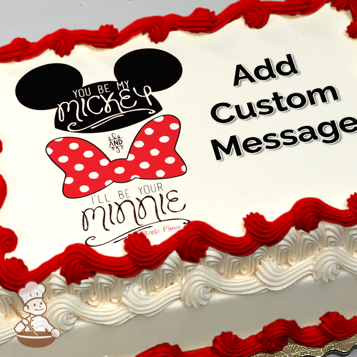 Mickey and Minnie Mouse silhouettes with a romantic message, red and white theme on a sheet cake.