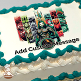 Aquaman with trident, flanked by Mera and other comic characters, on a sheet cake.