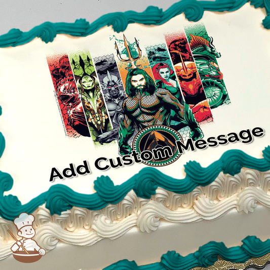 Aquaman with trident, flanked by Mera and other comic characters, on a sheet cake.
