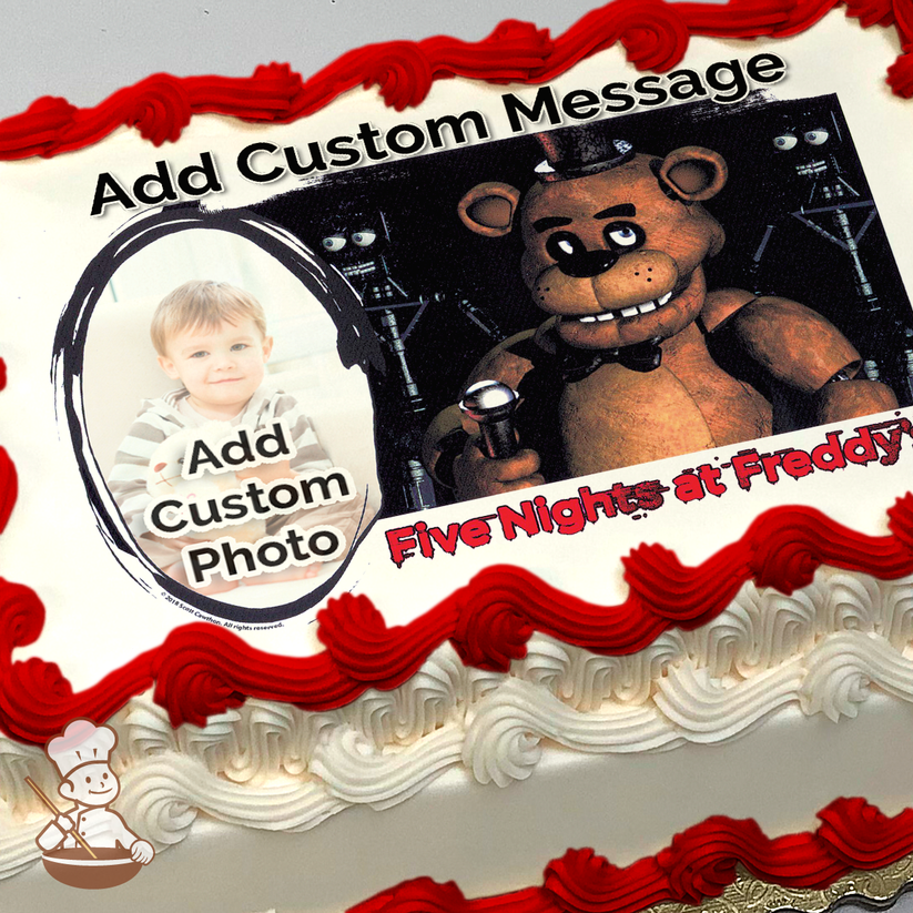 Freddy Fazbear from Five Nights at Freddy's, with a placeholder for a custom photo next to it, printed on a sheet cake.