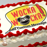Cartoon of Fozzie Bear with a "Wocka Wocka!" speech bubble, printed on a sheet cake.
