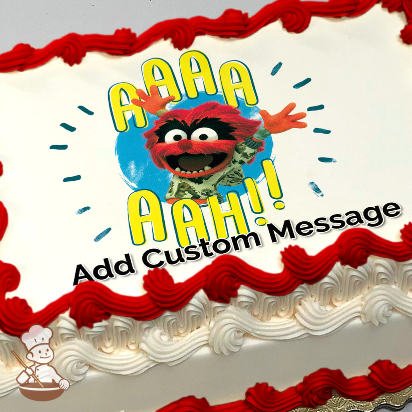 Illustration of Animal from the Muppets excitedly screaming, printed on a sheet cake.