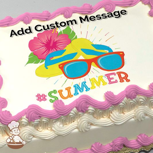 Vibrant summer-themed image with sunglasses, a bright flower, and colorful #SUMMER text on a cake.